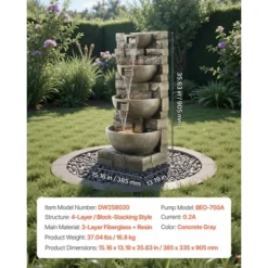 VEVOR Outdoor Water Fountain, 35.63 In Height Fountain And Waterfall, 4-Tier Floor Standing Cascading Fountains With Light And Pump, Gray -Aesthtic Interiors GUEST 92a1aa4d 769c 40cd 87db 66a7914d52f3