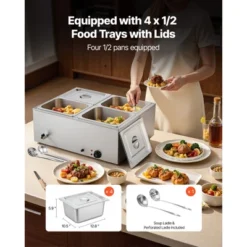 VEVOR Commercial Food Warmer, 1500W Electric Stainless Steel Steam Food Warmer With Lid, 4-Pan Fast Heating Countertop Buffet Bain Marie, Silver -Aesthtic Interiors GUEST 93387353 3e43 4144 93a2 1854a9d56d52