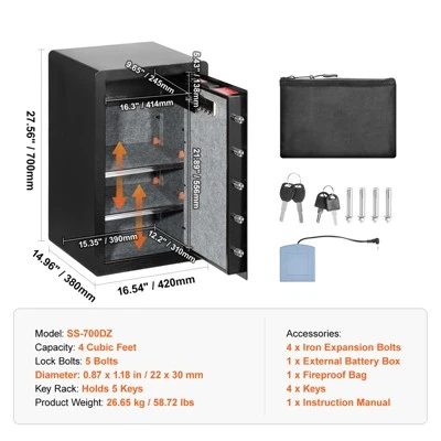 VEVOR Single Door 4.0 Cu.ft Safe Box With Key Lock & Password, Safe Lock Box With Fireproof Bag, Key Rack, 2 Shelves, And 1 Cabinet, Black 7 VEVOR Single Door 4.0 Cu.ft Safe Box With Key Lock & Password, Safe Lock Box With Fireproof Bag, Key Rack, 2 Shelves, And 1 Cabinet, Black - Image 7