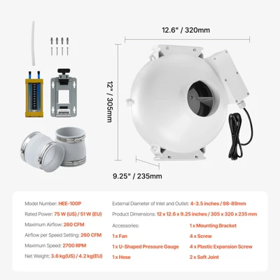 VEVOR 4 To 3.5 Inch Radon Fan Installation Kit, Quiet 260CFM Radon Mitigation Fan System Kit With 2 Couplers, Pressure Indicator, White 7 VEVOR 4 To 3.5 Inch Radon Fan Installation Kit, Quiet 260CFM Radon Mitigation Fan System Kit With 2 Couplers, Pressure Indicator, White - Image 7
