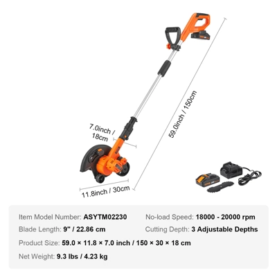 VEVOR Lawn Edger, 20 V Power Edger, 9-inch Blade Edger Lawn Tool With 3-Position Blade Depth,for Lawns, Driveways, Borders, And Sidewalk Edges 7 VEVOR Lawn Edger, 20 V Power Edger, 9-inch Blade Edger Lawn Tool With 3-Position Blade Depth,for Lawns, Driveways, Borders, And Sidewalk Edges - Image 7