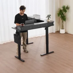 VEVOR L Shaped Desk, Electric Adjustable Height Corner Gaming Desk With CPU Stands, Dual Hooks And Fabric Drawers, L-Shaped Computer Table, Black