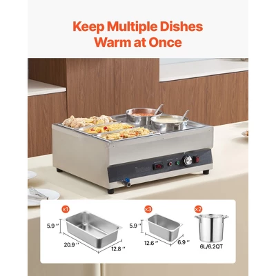 VEVOR Electric Soup Warmer, Two 6.34QT Pots & Three 1/3 Pans, Stainless Steel Food Warmer With 86~185°F Adjustable Temp, 1500W Bain Marie, Silver 2 VEVOR Electric Soup Warmer, Two 6.34QT Pots & Three 1/3 Pans, Stainless Steel Food Warmer With 86~185°F Adjustable Temp, 1500W Bain Marie, Silver - Image 2