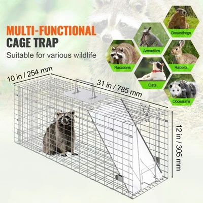 VEVOR Live Animal Cage Trap, 31" X 10" X 12" Humane Cat Trap Galvanized Iron, Folding Animal Trap With Handle For Rabbits, Stray Cats, Squirrels 2 VEVOR Live Animal Cage Trap, 31" X 10" X 12" Humane Cat Trap Galvanized Iron, Folding Animal Trap With Handle For Rabbits, Stray Cats, Squirrels - Image 2