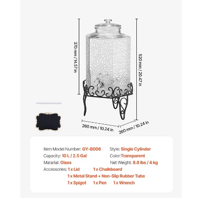 VEVOR Beverage Dispenser, 2.5 Gallon Drink Dispensers For Parties, Glass Juice Dispenser With Metal Stand, Stainless Steel Spigot, Clear 7 VEVOR Beverage Dispenser, 2.5 Gallon Drink Dispensers For Parties, Glass Juice Dispenser With Metal Stand, Stainless Steel Spigot, Clear - Image 7