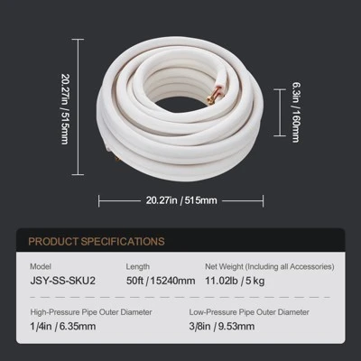 VEVOR 50FT Mini Split Line Set, 1/4" & 3/8" O.D Copper Pipes Tubing And Triple-Layer Insulation, For Mini Split Air Conditioning Refrigerant, White 7 VEVOR 50FT Mini Split Line Set, 1/4" & 3/8" O.D Copper Pipes Tubing And Triple-Layer Insulation, For Mini Split Air Conditioning Refrigerant, White - Image 7