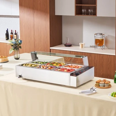 VEVOR 6-Pan Commercial Food Warmer, 6 X 8QT Electric Steam Table With Glass Cover, 1500W Countertop Stainless Steel Buffet Bain Marie 86-185°F 1 VEVOR 6-Pan Commercial Food Warmer, 6 X 8QT Electric Steam Table With Glass Cover, 1500W Countertop Stainless Steel Buffet Bain Marie 86-185°F