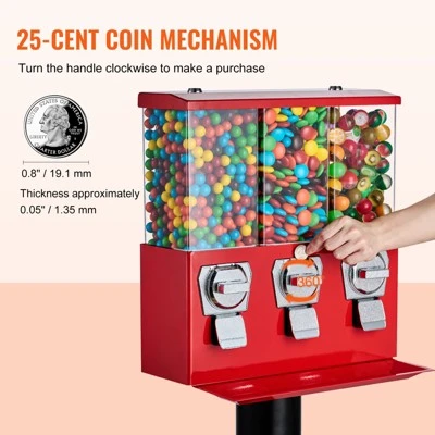 VEVOR Commercial Vending Machine, Triple Compartment Candy Dispenser With Iron Stand, Gumball And Candy Machine For Business, Red 4 VEVOR Commercial Vending Machine, Triple Compartment Candy Dispenser With Iron Stand, Gumball And Candy Machine For Business, Red - Image 4