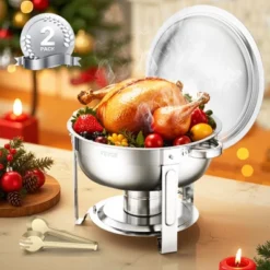 VEVOR Chafing Dish Buffet Set, 5 Qt 2 Pack, Stainless Steel Chafer With 2 Full Size Pans, Round Catering Warmer Server With Lid Water Pan, Silver
