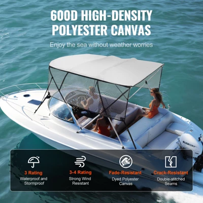 VEVOR 4 Bow Bimini Top Boat Cover, Detachable Mesh Sidewalls, 600D Polyester Canopy With 1" Aluminum Alloy Frame 3 VEVOR 4 Bow Bimini Top Boat Cover, Detachable Mesh Sidewalls, 600D Polyester Canopy With 1" Aluminum Alloy Frame - Image 3