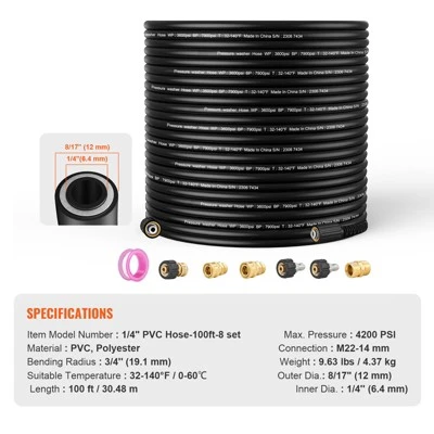 VEVOR Pressure Washer Hose, 100FT, 1/4" Kink Free M22-14mm Brass Thread Replacement For Most Brand Pressure Washers, 3/4'' Bending Radius, Black 7 VEVOR Pressure Washer Hose, 100FT, 1/4" Kink Free M22-14mm Brass Thread Replacement For Most Brand Pressure Washers, 3/4'' Bending Radius, Black - Image 7