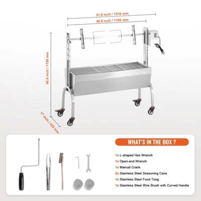 VEVOR Rotisserie Grill, BBQ Whole Pig Lamb Goat Charcoal Spit Grill, 46 Inch 132 Lbs Capacity, Electric 52W Motor, Silver 7 VEVOR Rotisserie Grill, BBQ Whole Pig Lamb Goat Charcoal Spit Grill, 46 Inch 132 Lbs Capacity, Electric 52W Motor, Silver - Image 7