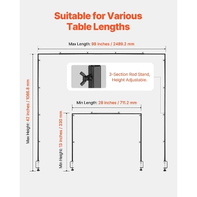 VEVOR Over The Table Rod Stand With Clamps, 13"-42" Tall & 28"-98" Length Adjustable, Metal Table Arch Stand, Tabletop Balloon Arch Frame, Black 3 VEVOR Over The Table Rod Stand With Clamps, 13"-42" Tall & 28"-98" Length Adjustable, Metal Table Arch Stand, Tabletop Balloon Arch Frame, Black - Image 3