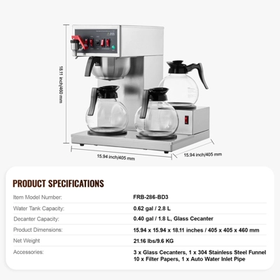 VEVOR 12 Cups Commercial Drip Coffee Maker, Coffee Maker Machine With 3 Glass Carafes And 3 Warmer Plates, Stainless Steel Pour Over Coffee Brewer 7 VEVOR 12 Cups Commercial Drip Coffee Maker, Coffee Maker Machine With 3 Glass Carafes And 3 Warmer Plates, Stainless Steel Pour Over Coffee Brewer - Image 7