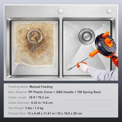 VEVOR Drain Auger 25Ft, Plumbing Snake With Drill Attachment, Plumbers Snake Drain Clog Remover For Kitchen Bathroom Shower Sink, Orange&Black 7 VEVOR Drain Auger 25Ft, Plumbing Snake With Drill Attachment, Plumbers Snake Drain Clog Remover For Kitchen Bathroom Shower Sink, Orange&Black - Image 7