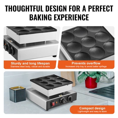 VEVOR Dutch Pancake Maker, 9PCS 76mm Diameter Dorayaki Baker Machine, 850W Commercial Electric Poffertjes Grill, Non-stick Stainless Steel 5 VEVOR Dutch Pancake Maker, 9PCS 76mm Diameter Dorayaki Baker Machine, 850W Commercial Electric Poffertjes Grill, Non-stick Stainless Steel - Image 5