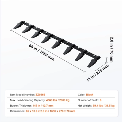 VEVOR Bucket Tooth Bar, 66'', Heavy Duty Tractor Bucket 8 Teeth Bar For Loader Tractor Skidsteer, 4560 Lbs Load-Bearing Capacity, Black 7 VEVOR Bucket Tooth Bar, 66'', Heavy Duty Tractor Bucket 8 Teeth Bar For Loader Tractor Skidsteer, 4560 Lbs Load-Bearing Capacity, Black - Image 7