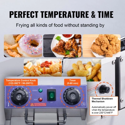 VEVOR Commercial Deep Fryer, Dual Tank 3000W Electric Countertop Fryer With Basket, 2 X 11.6Qt/11L Double Stainless Steel Oil Fryer 4 VEVOR Commercial Deep Fryer, Dual Tank 3000W Electric Countertop Fryer With Basket, 2 X 11.6Qt/11L Double Stainless Steel Oil Fryer - Image 4