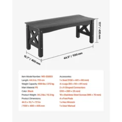 VEVOR Outdoor Bench, 44.5 Inch, 600 Lbs Weight Capacity, Weatherproof Plastic Frame With Adjustable Level Footpads And Thick Leg, Black -Aesthtic Interiors GUEST a0392499 af05 412d 810d a0db8a898dd9