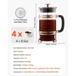 VEVOR French Press Coffee Maker, 34 Ounce 1 Liter Borosilicate Glass Coffee Press Tea Maker With Stainless Steel Filter, Copper -Aesthtic Interiors GUEST a16ca299 b674 4704 a96f e0c79e9aeedc