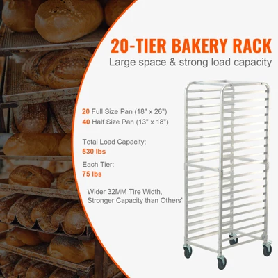 VEVOR Bun Pan Rack, 20-Tier Commercial Bakery Racks With Brake Wheels, Aluminum Racking Trolley Storage For Half & Full Sheet, 26"L X 20.4"W X 70"H 2 VEVOR Bun Pan Rack, 20-Tier Commercial Bakery Racks With Brake Wheels, Aluminum Racking Trolley Storage For Half & Full Sheet, 26"L X 20.4"W X 70"H - Image 2