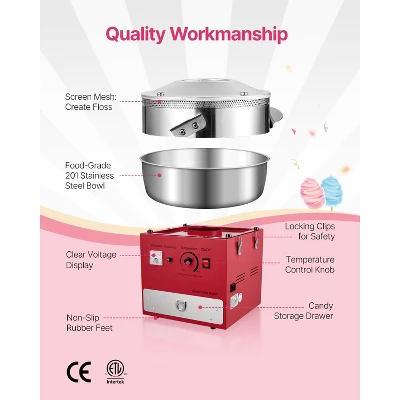 VEVOR Electric Cotton Candy Machine, 1000W Commercial Candy Floss Maker With 20.5 In Stainless Steel Bowl, Sugar Scoop, And Drawer, Red 5 VEVOR Electric Cotton Candy Machine, 1000W Commercial Candy Floss Maker With 20.5 In Stainless Steel Bowl, Sugar Scoop, And Drawer, Red - Image 5