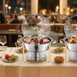VEVOR Chafing Dish Buffet Set, 5 Qt 4 Pack, Stainless Steel Chafer With 4 Full Size Pan, Round Catering Warmer Server, Silver