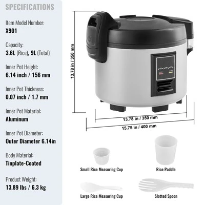 VEVOR Commercial Rice Cooker, 45-Cup Rice Cooker, 9.51 Qt / 9 Liter Large Rice Cooker And Warmer With Nonstick Inner Pot, 12-Hour Keep Warm 7 VEVOR Commercial Rice Cooker, 45-Cup Rice Cooker, 9.51 Qt / 9 Liter Large Rice Cooker And Warmer With Nonstick Inner Pot, 12-Hour Keep Warm - Image 7