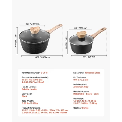 VEVOR Saucepan Set, 1.5 QT & 2.5 QT Nonstick Saucepan With Glass Lids, Multipurpose Cooking Sauce Pots With Detachable Handles, Black 7 VEVOR Saucepan Set, 1.5 QT & 2.5 QT Nonstick Saucepan With Glass Lids, Multipurpose Cooking Sauce Pots With Detachable Handles, Black - Image 7