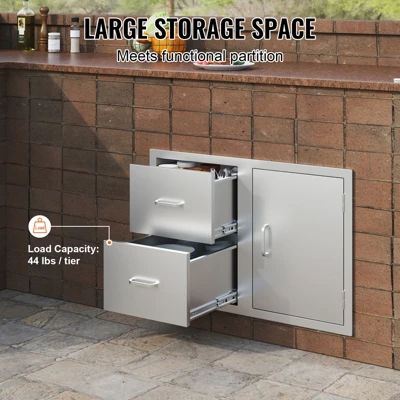 VEVOR Outdoor Kitchen Door Drawer Combo 32.5" W X 21.6" H X 20.5''D,Access Door/Double Drawers With Paper Towel Rack, BBQ Island Drawers, Silver 3 VEVOR Outdoor Kitchen Door Drawer Combo 32.5" W X 21.6" H X 20.5''D,Access Door/Double Drawers With Paper Towel Rack, BBQ Island Drawers, Silver - Image 3