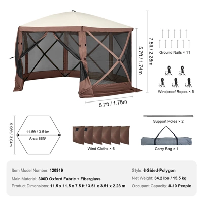 VEVOR Pop Up Gazebo Tent, Pop-Up Screen Tent 6 Sided Canopy Sun Shelter, 11.5x11.5FT Quick Set Screen Tent With Mosquito Netting, Brown 7 VEVOR Pop Up Gazebo Tent, Pop-Up Screen Tent 6 Sided Canopy Sun Shelter, 11.5x11.5FT Quick Set Screen Tent With Mosquito Netting, Brown - Image 7