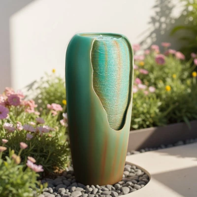 VEVOR Outdoor Water Fountain, 30.71 In Height Fountain And Waterfall, 1-Tier Floor Standing Glazed Jar Style Fountains With Light And Pump, Green 1 VEVOR Outdoor Water Fountain, 30.71 In Height Fountain And Waterfall, 1-Tier Floor Standing Glazed Jar Style Fountains With Light And Pump, Green