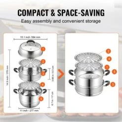 VEVOR Steamer Pot 11in/28cm, 3 Tier Steamer Pot For Cooking With 8.5QT Stock Pot, Vegetable Steamer & 2 Steaming Tray -Aesthtic Interiors GUEST a8a5e922 5f6e 46c8 aa61 dd0102a4d368