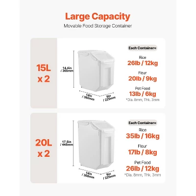 VEVOR Rice Storage Container, 3.5Gal/15Lx2 + 4.5Gal/20Lx2 Large Dog Food Dispenser Bin, With Wheels, 4 Measuring Cups, Airtight Lid, 4 Pack, White 7 VEVOR Rice Storage Container, 3.5Gal/15Lx2 + 4.5Gal/20Lx2 Large Dog Food Dispenser Bin, With Wheels, 4 Measuring Cups, Airtight Lid, 4 Pack, White - Image 7