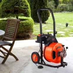 VEVOR Drain Cleaner Machine 100 FT X 1/2 Inch, Sewer Auger Auto Feed With 4 Cutter & Air-activated Foot Switch For 1" To 4" Pipes, Orange, Black