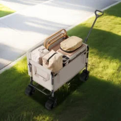 VEVOR Collapsible Folding Wagon, 550lb Load & 220L, 2 In 1 Foldable Wagon Cart Converts To Bench, Utility Wagon With Adjustable Handle, Beige