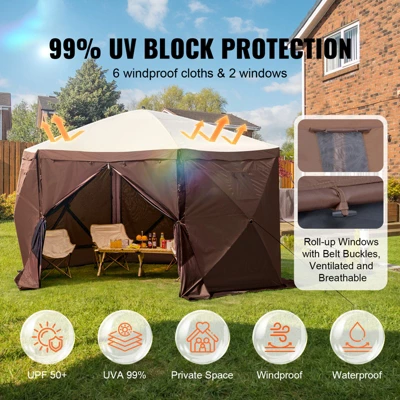 VEVOR Pop Up Gazebo Tent, Pop-Up Screen Tent 6 Sided Canopy Sun Shelter, 11.5x11.5FT Quick Set Screen Tent With Mosquito Netting, Brown 2 VEVOR Pop Up Gazebo Tent, Pop-Up Screen Tent 6 Sided Canopy Sun Shelter, 11.5x11.5FT Quick Set Screen Tent With Mosquito Netting, Brown - Image 2