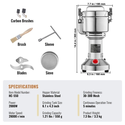 VEVOR 550g Electric Grain Mill Grinder, High Speed 2000W Commercial Spice Grinders, Stainless Steel Pulverizer Powder Machine 7 VEVOR 550g Electric Grain Mill Grinder, High Speed 2000W Commercial Spice Grinders, Stainless Steel Pulverizer Powder Machine - Image 7