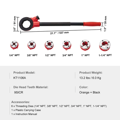VEVOR Ratchet Pipe Threader Kit, 1/4" NPT - 1-1/4" NPT Manual Ratcheting Pipe Threader, Portable Pipe Threading Tool Set With 6PCS NPT Dies, 7 VEVOR Ratchet Pipe Threader Kit, 1/4" NPT - 1-1/4" NPT Manual Ratcheting Pipe Threader, Portable Pipe Threading Tool Set With 6PCS NPT Dies, - Image 7