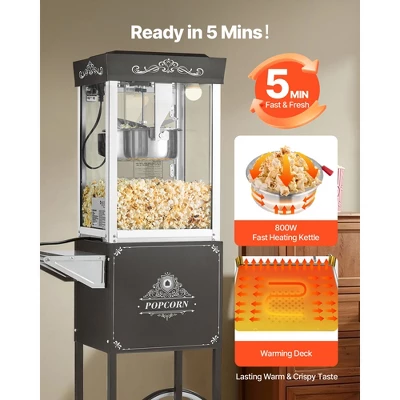 VEVOR Popcorn Machine With Cart, 8oz Stainless Steel Kettle, 800W Commercial Popcorn Maker, 48 Cups Per Batch Theater Style Popper, Black 4 VEVOR Popcorn Machine With Cart, 8oz Stainless Steel Kettle, 800W Commercial Popcorn Maker, 48 Cups Per Batch Theater Style Popper, Black - Image 4