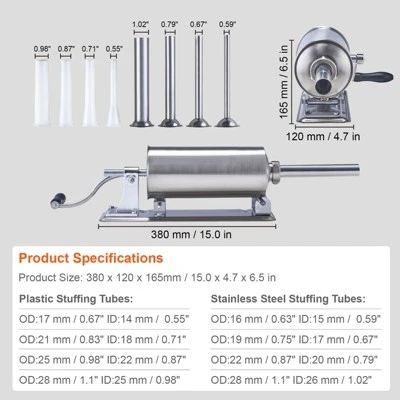 VEVOR Manual Sausage Stuffer, 2.5 L / 6 LBS Horizontal Sausage Machine With U-type Clamp, Food-Grade Stainless Steel, 8 Stuffing Tubes, Silver 7 VEVOR Manual Sausage Stuffer, 2.5 L / 6 LBS Horizontal Sausage Machine With U-type Clamp, Food-Grade Stainless Steel, 8 Stuffing Tubes, Silver - Image 7