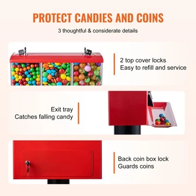 VEVOR Commercial Vending Machine, Triple Compartment Candy Dispenser With Iron Stand, Gumball And Candy Machine For Business, Red 5 VEVOR Commercial Vending Machine, Triple Compartment Candy Dispenser With Iron Stand, Gumball And Candy Machine For Business, Red - Image 5