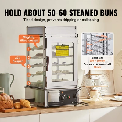 VEVOR Commercial Food Warmer Display, 5-Tier Food Steamer Bun Warmer Machine, 86℉~230℉ Temperature Control, Stainless Steel Steamed Buns Warmer 3 VEVOR Commercial Food Warmer Display, 5-Tier Food Steamer Bun Warmer Machine, 86℉~230℉ Temperature Control, Stainless Steel Steamed Buns Warmer - Image 3