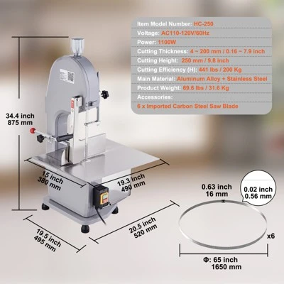 VEVOR Electric Meat Bandsaw, 1100W Stainless Steel Countertop Bone Sawing Machine, Workbeach 19.3" X 15", 0.16-7.9 Inch Cutting Thickness, Silver 7 VEVOR Electric Meat Bandsaw, 1100W Stainless Steel Countertop Bone Sawing Machine, Workbeach 19.3" X 15", 0.16-7.9 Inch Cutting Thickness, Silver - Image 7