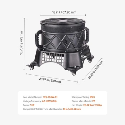 VEVOR Inflatable Tube Man Blower, 1 HP, Blower Fan For Wacky Waving Inflatable Tube Guy, PP Shell, IPX3 Waterproof, Black(No Inflatable) 7 VEVOR Inflatable Tube Man Blower, 1 HP, Blower Fan For Wacky Waving Inflatable Tube Guy, PP Shell, IPX3 Waterproof, Black(No Inflatable) - Image 7