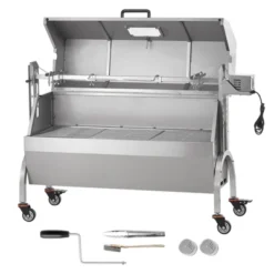 VEVOR Rotisserie Grill With Hooded Cover, BBQ Whole Pig Lamb Goat Charcoal Spit Grill, 46 Inch 132Lbs Capacity, Electric 52W Motor, Silver -Aesthtic Interiors GUEST aebdf30e 3634 44f6 ba8c 467b622ae5cf