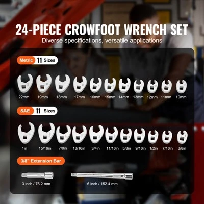 VEVOR 3/8" Drive Crowfoot Wrench Set With 2 Extension Bars, 24-Piece Crows Foot Wrench Set, SAE 3/8"-1" And Metric 10-22 Mm 2 VEVOR 3/8" Drive Crowfoot Wrench Set With 2 Extension Bars, 24-Piece Crows Foot Wrench Set, SAE 3/8"-1" And Metric 10-22 Mm - Image 2