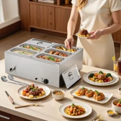 VEVOR Commercial Food Warmer, 1500W Electric Stainless Steel Steam Food Warmer With Lid, 6-Pan Fast Heating Countertop Buffet Bain Marie, Silver