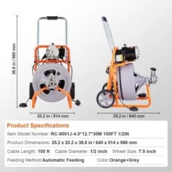 VEVOR Drain Cleaner Machine 100FT X 1/2 Inch, Auto Feed Sewer Snake Drain Auger On Wheels, Portable Drain Cleaning Machine, Orange 14 VEVOR Drain Cleaner Machine 100FT X 1/2 Inch, Auto Feed Sewer Snake Drain Auger On Wheels, Portable Drain Cleaning Machine, Orange -Aesthtic Interiors GUEST afb94b8d a4d2 4f40 a835 00bd03183655