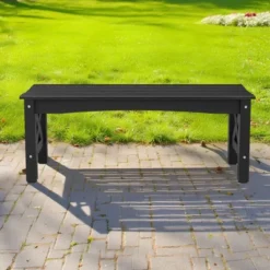 VEVOR Outdoor Bench, 44.5 Inch, 600 Lbs Weight Capacity, Weatherproof Plastic Frame With Adjustable Level Footpads And Thick Leg, Black